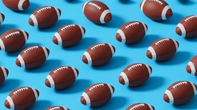 American footballs arranged in a repeating pattern on a bright blue background for sports design