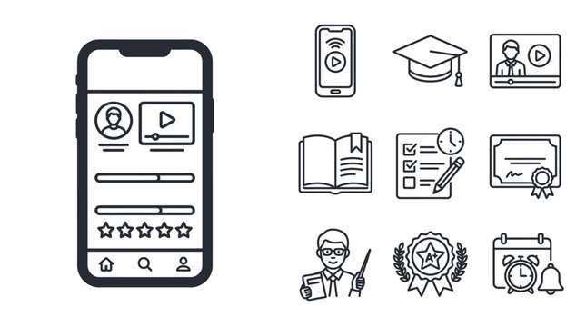 Online Learning Icons: Mobile App, Graduation Cap, Video Course