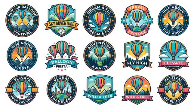 Premium collection of hot air balloon festival badges and travel-themed vector icons suitable for branding, souvenirs, stickers, tourism, and promotional materials
