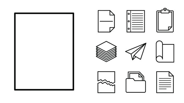 Paper Icons Set: Document, Notes, Clipboard, Stack, Airplane, Scroll, Torn