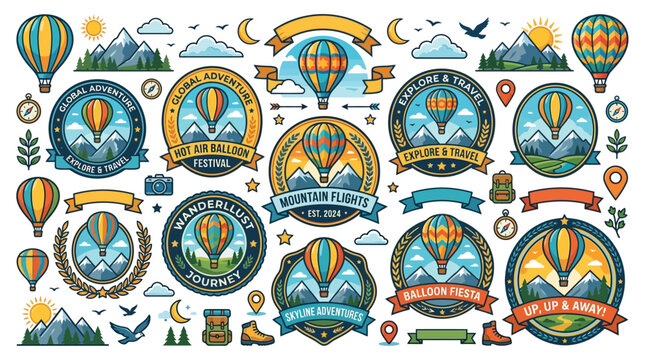 Premium collection of hot air balloon festival badges and travel-themed vector icons suitable for branding, souvenirs, stickers, tourism, and promotional materials