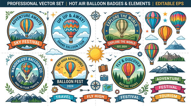 Premium collection of hot air balloon festival badges and travel-themed vector icons suitable for branding, souvenirs, stickers, tourism, and promotional materials