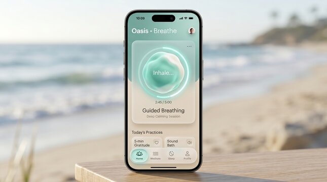 Smartphone displaying futuristic app interface on beach with ocean waves and rocky shore