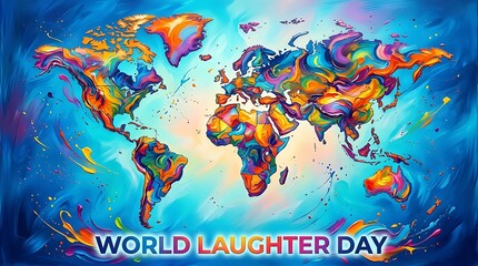 Naklejka premium Colorful abstract world map painting with vibrant swirls celebrating global world laughter day concept