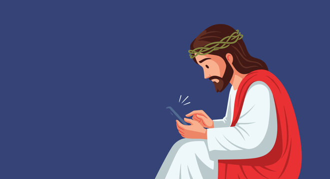 Savior Jesus Christ wearing a crown of thorns while looking down and interacting with a modern blue smartphone screen.