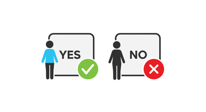 Icon representing yes and no decisions with stick figures standing next to boxes showing a green checkmark and a red cross.