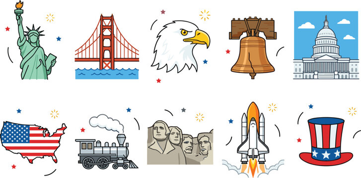 United States landmarks and patriotic American symbols icon set featuring Statue of Liberty Golden Gate Bridge bald eagle Liberty Bell US Capitol Mount Rushmore space shuttle uncle sam hat vector
