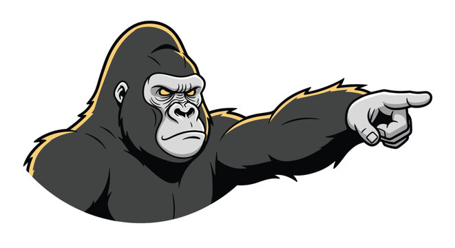 Aggressive gorilla mascot with glowing yellow eyes pointing its finger directly forward on a clean white background.
