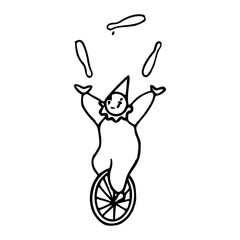 cute juggling clown on unicycle line art sketch, whimsical vintage circus illustration © Zen20
