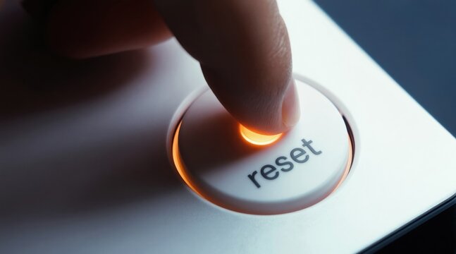Finger presses illuminated reset button on electronic device. Action starts new process, restarts system, or clears settings for fresh beginning. Initiate fresh start.