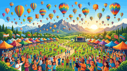 Fototapeta premium A joyful balloon festival scene with colorful hot air balloons filling the sky, ideal for travel promotions, tourism campaigns, festivals, editorial illustrations, and seasonal artwork.