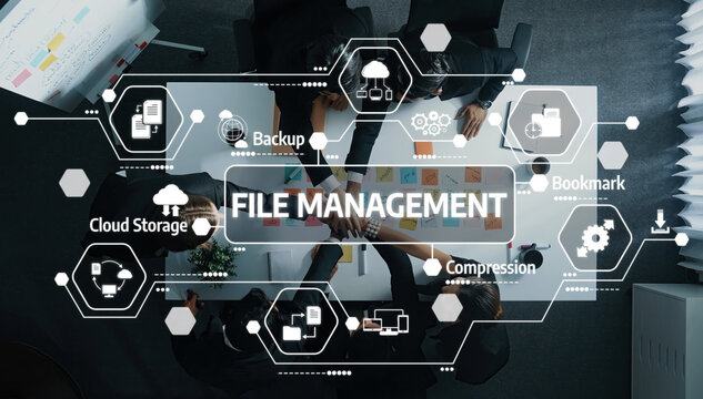 Explore a visual representation of file management concepts showcasing cloud storage, backup, and compression techniques in a collaborative office environment. Amity