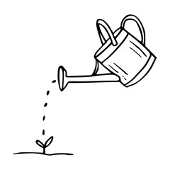 minimalist watering can pouring water line art, sprout growth concept illustration © Zen20