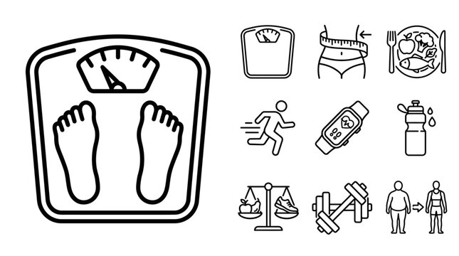 Weight Loss & Healthy Lifestyle Icons: Scale, Diet, Fitness, Smartwatch