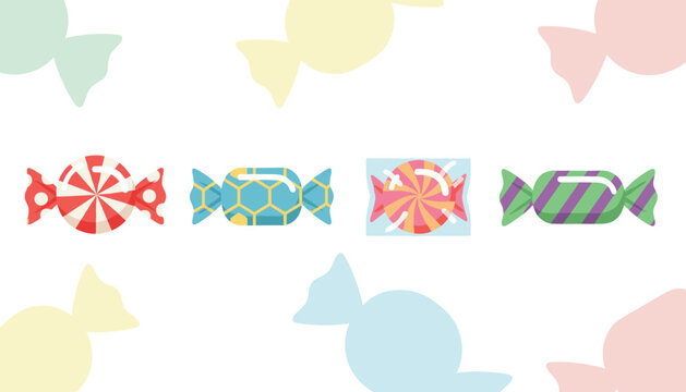 Row of four different colorful wrapped hard candies on white background with pastel sweet candy silhouettes vector design.