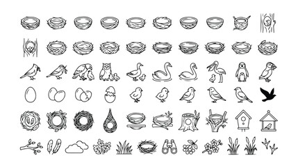 鳥の巣と鳥のベクターアイコンセット、自然と野生生物のテーマを表現する手描き風イラスト素材、卵やひな鳥、鳥小屋、双眼鏡などを含む、春の訪れや生態系、環境保護のコンセプトに最適なモノクロデザイン © Aralan