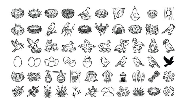 鳥の巣、卵、ひな鳥、鳥のシルエット、羽毛など、自然の要素を網羅した手描き風ベクターアイコンセット。生態系、野生生物、春の訪れを表現するイラスト素材。