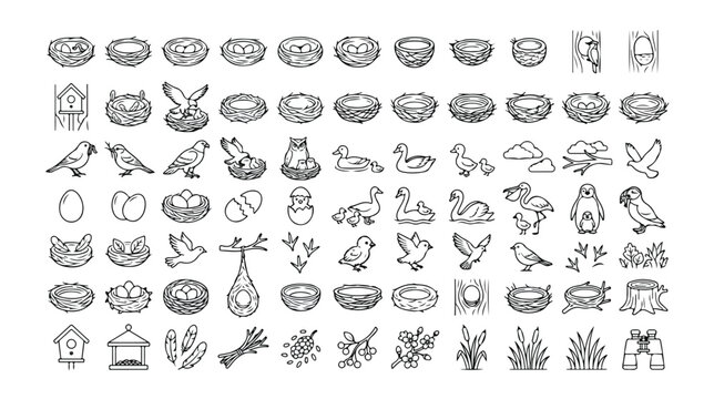 鳥の巣、卵、鳥のシルエットを含む手描き風ベクターアイコンセット。自然、野生動物、春のテーマに最適な、多様なデザイン要素コレクション。