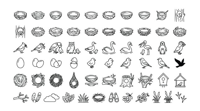 鳥の巣と鳥のベクターアイコンセット、自然と野生生物のテーマを表現する手描き風イラスト素材、卵やひな鳥、鳥小屋、双眼鏡などを含む、春の訪れや生態系、環境保護のコンセプトに最適なモノクロデザイン