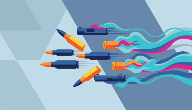 Flying bullets with dynamic colorful smoke trails and flames indicating high speed on blue abstract background.