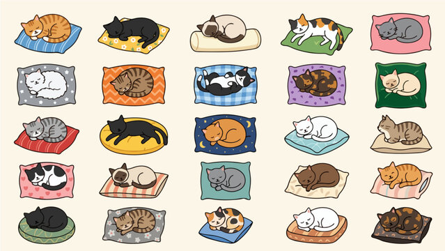 Cute illustrated cats sleeping on pillows, a collection of various breeds and colors in adorable poses