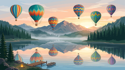 Fototapeta premium Elegant travel vector featuring colorful balloons reflected on a peaceful lake during sunrise, suitable for tourism advertising and landscape artwork.