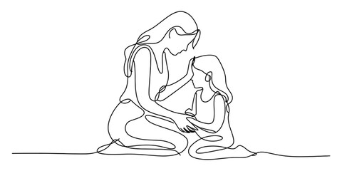 Obraz premium Continuous single line drawing of a mother comforting and hugging her daughter