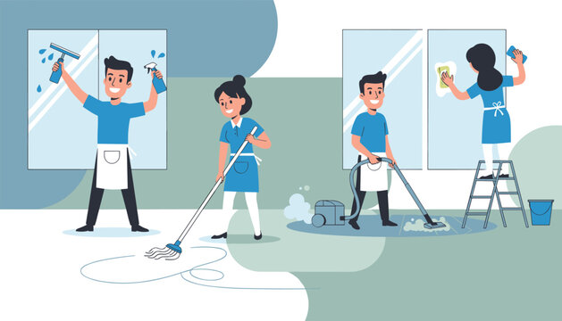 Professional cleaning service team working together to wash windows, mop the floor, and vacuum in a bright office environment.