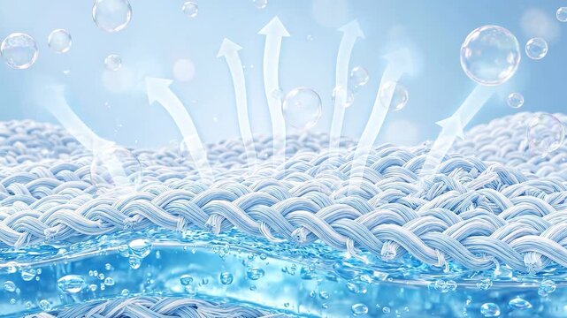 Breathable fabric mesh with water bubble arrow on blue textile material, airflow over woven closeup, moisture droplet texture, clean hygiene waterproof membrane ventilation concept