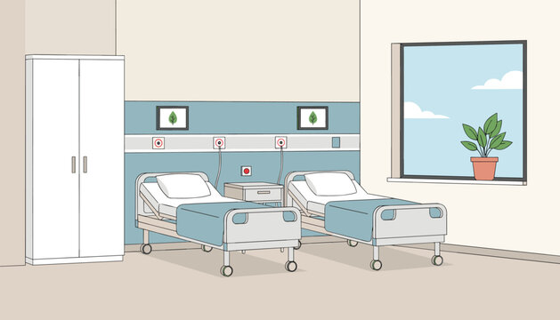 Sterile hospital room interior featuring two empty medical beds, a white wardrobe, a small nightstand, and a sunny window.