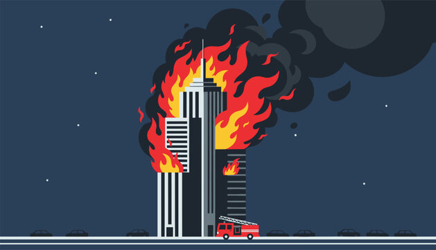 Skyscraper engulfed in giant flames of fire at night while a single red firetruck attempts to extinguish the blaze with a ladder.