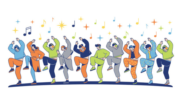 Diverse group of young people wearing colorful hoodies and headphones, dancing joyfully under falling music notes and stars.