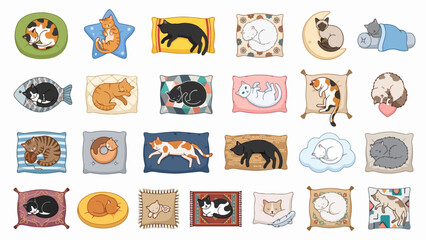 Obraz premium Sleeping Cat on Cushion Sticker Set Vector Illustration Cozy Pet Collection
