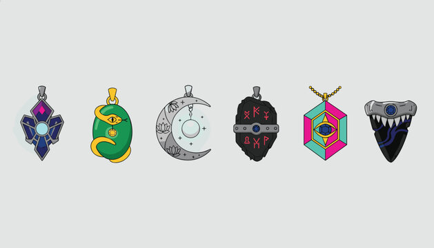 Collection of magical fantasy pendants and amulets featuring crescent moon, green snake, runic stone, and mystic eye designs.