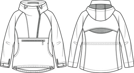 Women anorak hooded jacket technical sketch vector illustration front and back view apparel design template © SreePoreshChandra