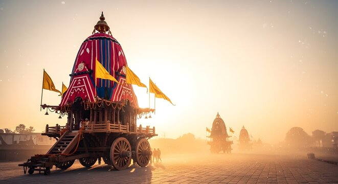Majestic chariots of rath yatra festival bathed in golden sunlight