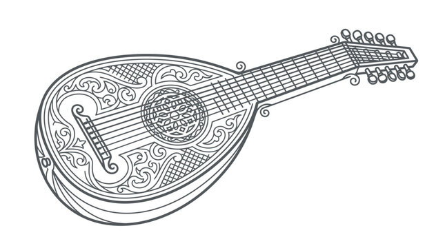 Detailed ornate mandolin string instrument line art drawing.