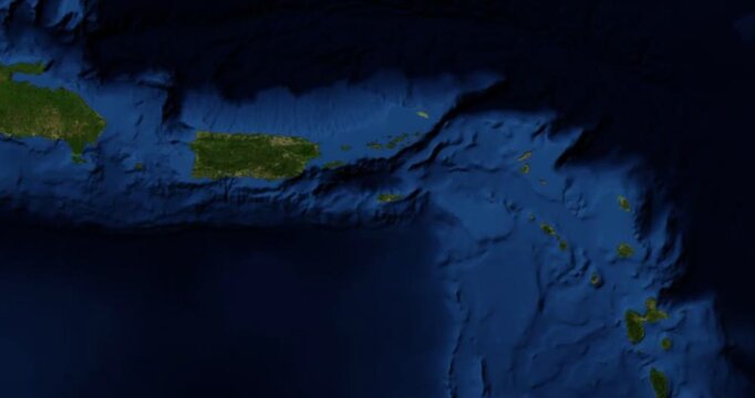 Saint Croix on Globe. Zoom into the island with Earth spinning in space. High detail physical world map with Saint Croix on it. Elements of this image furnished by NASA.