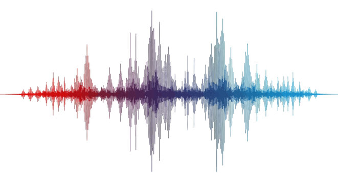 Digital soundwave waveform with red, purple, and blue gradient. Horizontal audio frequency visualization showing symmetrical signal peaks and rhythmic patterns on white background.