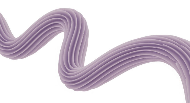 Abstract 3D purple wavy ribbon with vertical pleated texture and ridged surface isolated on white background, flowing fluid shape with longitudinal grooves and light shadows.