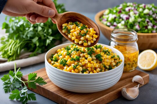 Hand serving corn salad with fresh parsley
