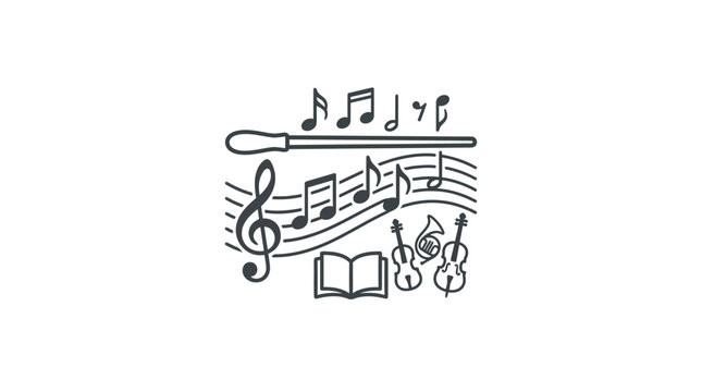 Musical arrangement with violins notes and conductor baton.