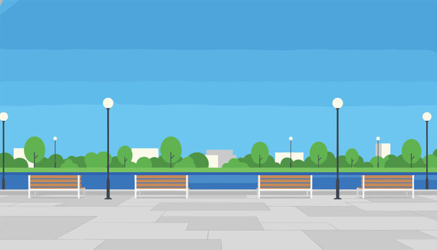 Quiet city park riverfront promenade with elegant wooden benches, classic street lamps, and green trees.