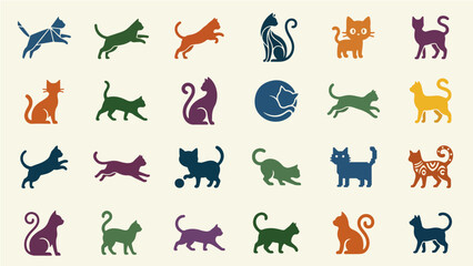 Obraz premium Colorful Cat Silhouette Logo Icon Set Vector Illustration Pet Symbol Collection