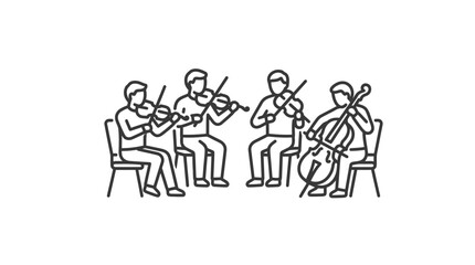 String quartet playing violins and cello seated line art. © nur