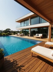 Obraz premium Modern luxury villa with swimming pool on a sunny day. Outdoor wooden deck with lounge chairs and sofas. Elegant residence with large windows and balcony. Tropical garden surroundings. Calm leisure.