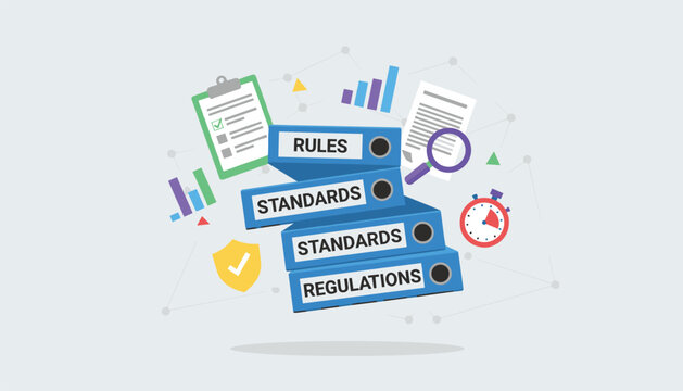 Office document binders labeled rules, standards, and regulations surrounded by checking tools like magnifier and clock.