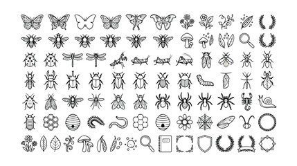 Insect and Bug Vector Icon Set, 80+ Detailed Line Art Illustrations for Nature, Entomology, and Pest Control Designs. Minimalist Black and White Animal Graphics. © Kuch_Bhi