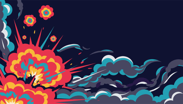 Powerful cartoon bomb blast scene filled with colorful fire clouds, electric sparks, and dramatic sky smoke on dark backdrop.