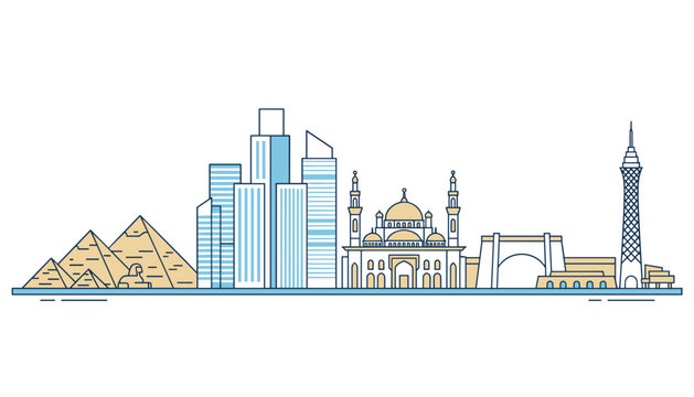 Famous Cairo city skyline featuring the ancient Giza Pyramids, historic mosque, and modern Cairo Tower against a clean white backdrop.
